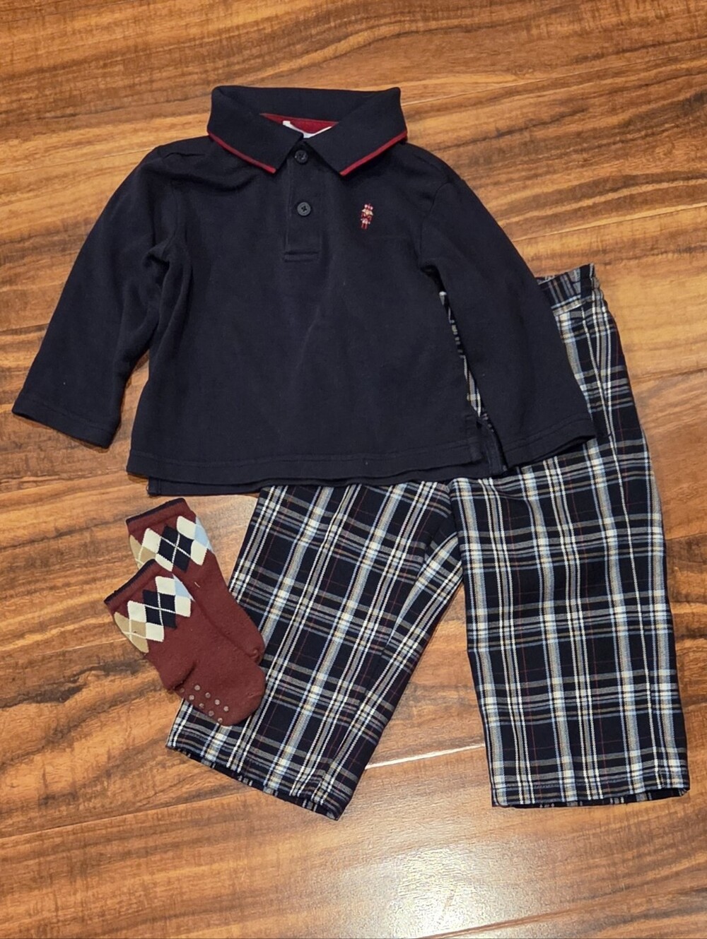 Janie and Jack EUC 12-18 Months Navy Polo Top, Plaid Dress Pants and Socks